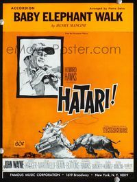 2k626 HATARI movie sheet music '62 John Wayne, Howard Hawks, great image of charging rhino!