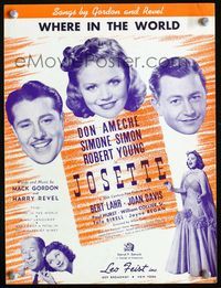 2k651 JOSETTE movie sheet music '38 Simone Simon, Don Ameche, Robert Young, Bert Lahr, Joan Davis