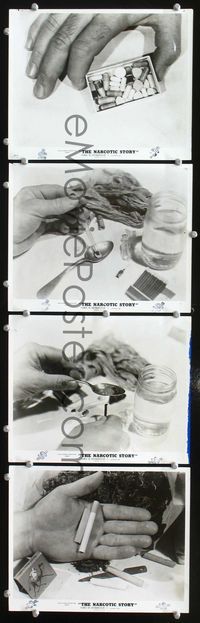2m369 NARCOTIC STORY 4 8x10s '58 great c/u images of amphetamines, heroin & marijuana cigarette!