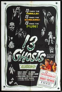 2n336 13 GHOSTS black style 1sh '60 William Castle, great art of all the spooks, ILLUSION-O!