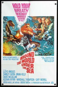 2n364 AROUND THE WORLD UNDER THE SEA one-sheet '66 Lloyd Bridges, great scuba diving fantasy art!