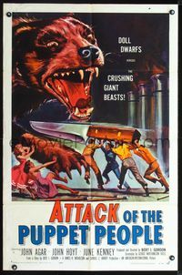 2n369 ATTACK OF THE PUPPET PEOPLE 1sh '58 great art of tiny people with steak knife attacking dog!