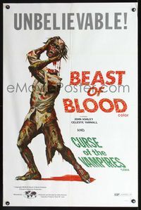 2n384 BEAST OF BLOOD/CURSE OF THE VAMPIRES 1sh '70 wild artwork of zombie holding its severed head!