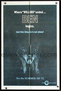 2n388 BEN teaser one-sheet movie poster '72 lots of rats, Willard 2, this time he's not alone!