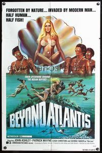 2n390 BEYOND ATLANTIS one-sheet '73 great art of super sexy girl in clam with bug-eyed natives!