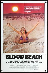 2n401 BLOOD BEACH 1sheet '81 classic Jaws parody image of sexy girl in bikini sinking in quicksand!