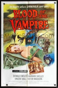 2n404 BLOOD OF THE VAMPIRE 1sheet '58 he begins where Dracula left off, art of monster & sexy girl!
