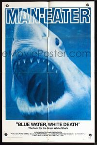 2n406 BLUE WATER, WHITE DEATH 1sh '71 cool super close image of great white shark with open mouth!