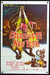 2n443 COLOSSUS OF NEW YORK 1sheet '58 great artwork of robot monster holding sexy girl & attacking!