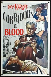 2n453 CORRIDORS OF BLOOD one-sheet '63 Boris Karloff, Christopher Lee, blood-curdling experiments!