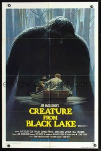 2n459 CREATURE FROM BLACK LAKE 1sh '76 cool art of monster looming over guys in boat by McQuarrie!