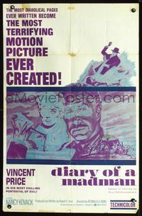 2n511 DIARY OF A MADMAN one-sheet poster '63 Vincent Price in his most chilling portrayal of evil!