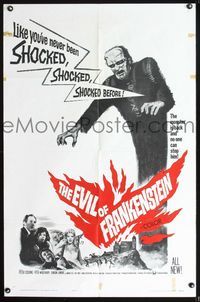 2n544 EVIL OF FRANKENSTEIN one-sheet '64 Peter Cushing, Hammer, he's back and no one can stop him!