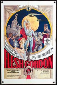 2n560 FLESH GORDON one-sheet '74 sexy sci-fi spoof, wacky erotic super hero art by George Barr!