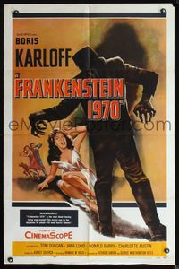 2n569 FRANKENSTEIN 1970 one-sheet '58 Boris Karloff, great artwork of monster attacking sexy girl!