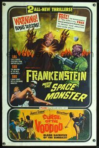 2n572 FRANKENSTEIN MEETS SPACE MONSTER/CURSE OF VOODOO one-sheet '65 cool artwork of alien monsters!