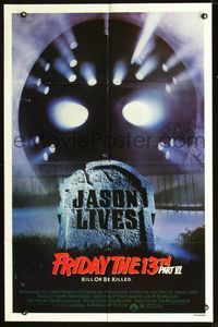 2n577 FRIDAY THE 13th PART VI one-sheet '86 Jason Lives, cool image of hockey mask & tombstone!