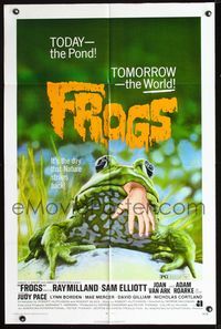 2n580 FROGS 1sheet '72 great horror art of man-eating amphibian with human hand hanging from mouth!