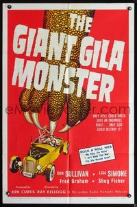 2n600 GIANT GILA MONSTER 1sh '59 classic art of wacky giant monster hand grabbing teens in hot rod!