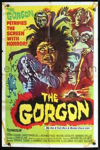2n615 GORGON one-sheet '64 Peter Cushing, Hammer horror, cool art of female monster with snake hair!