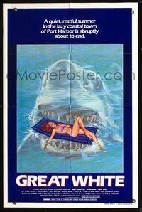 2n618 GREAT WHITE style A 1sh '82 great artwork of huge shark attacking sexy girl in bikini on raft!