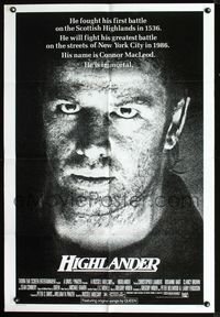 2n634 HIGHLANDER one-sheet movie poster '86 huge close up headshot of immortal Christopher Lambert!