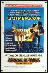 2n642 HOUSE OF WAX one-sheet movie poster '53 great 3-D art of monster and sexy girls over audience!