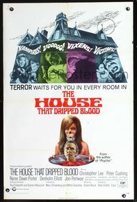 2n643 HOUSE THAT DRIPPED BLOOD 1sheet '71 great art of Christopher Lee's head on a silver platter!
