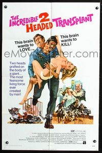 2n655 INCREDIBLE 2 HEADED TRANSPLANT one-sheet '71 one brain wants to love, the other wants to kill!