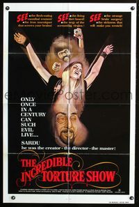 2n657 INCREDIBLE TORTURE SHOW 1sheet '76 see the flesh-eating cannibal women, weird horror art!