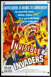 2n666 INVISIBLE INVADERS one-sheet '59 cool artwork of alien who gives Earth 24 hours to surrender!