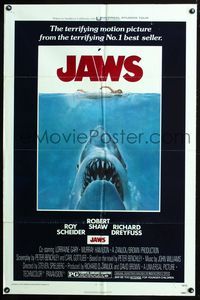 2n674 JAWS 1sheet '75 artwork of Steven Spielberg's classic man-eating shark attacking sexy swimmer!