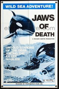 2n677 JAWS OF DEATH one-sheet poster '77 cool artwork of two killer whales attacking man in kayak!