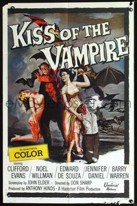 2n689 KISS OF THE VAMPIRE one-sheet '63 Hammer, cool art of devil bats attacking by Joseph Smith!