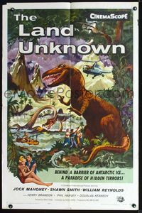 2n694 LAND UNKNOWN 1sh '57 a paradise of hidden terrors, great artwork of dinosaurs by Ken Sawyer!