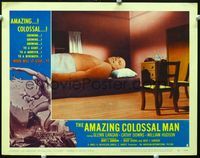 2n057 AMAZING COLOSSAL MAN movie lobby card #2 '57 he's trying to get sleep in way too-small bed!