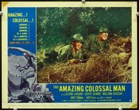 2n059 AMAZING COLOSSAL MAN lobby card #4 '57 two soldiers with rifles wait for monster in grass!