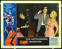 2n060 ASTOUNDING SHE MONSTER lobby card #1 '58 girl watches guy grabbing sexy girl by the neck!
