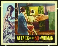 2n063 ATTACK OF THE 50 FT WOMAN lobby card #7 '58 great wacky fx image of giant hand attacking!