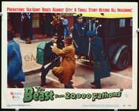 2n070 BEAST FROM 20,000 FATHOMS lobby card#3 '53 Ray Bradbury, armed policemen fend off man in coat!