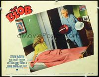 2n084 BLOB movie lobby card #6 '58 old man in pajamas takes out Civil Defense helmet!