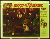 2n093 BLOOD OF THE VAMPIRE lobby card #3 '58 five men stand by grave with dead body under sheet!