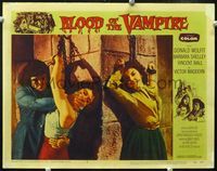 2n087 BLOOD OF THE VAMPIRE lobby card#4 '58 Barbara Shelley & sexy woman chained to wall & attacked!