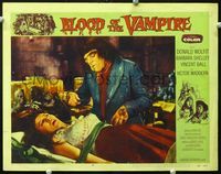 2n092 BLOOD OF THE VAMPIRE LC #6 '58 close up of deformed man leaning over beautiful girl on table!