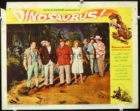 2n109 DINOSAURUS lobby card #7 '60 group shot of nine people on beach looking at dinosaur tracks!