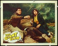 2n127 GIANT CLAW movie lobby card #2 '57 Jeff Morrow & pretty Mara Corday on ground by dead guy!