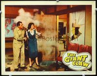 2n129 GIANT CLAW movie lobby card #4 '57 Edgar Barrier and Mara Corday terrified by broken window!