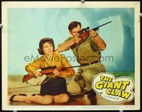 2n132 GIANT CLAW lobby card #7 '57 Mara Corday holding rifle while Jeff Morrow aims his at monster!