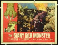 2n135 GIANT GILA MONSTER lobby card#5 '59 close up of giant lizard destroying train, fun border art!