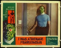2n143 I WAS A TEENAGE FRANKENSTEIN lobby card #4 '57 great close up of wacky monster opening door!